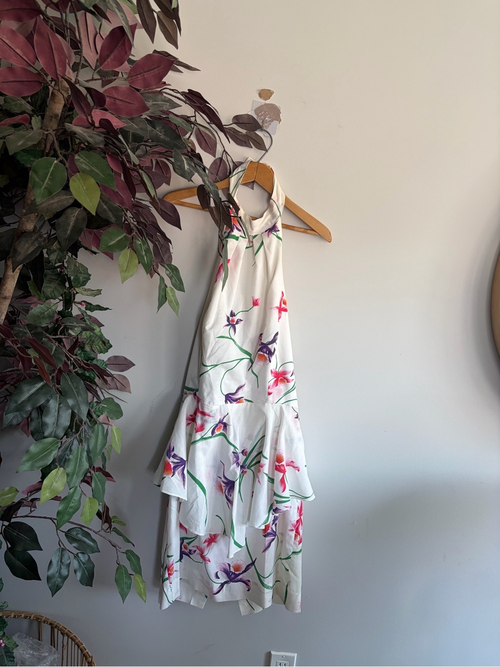 Vintage White Halter Midi Dress with Pink & Purple Floral Print